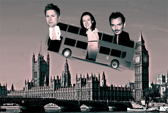 Designers Christopher Bailey of Burberry, Clare Waight Keller of Pringle of Scotland, and Matthew Williamson. Obviously they're returning by way of flying double-decker bus.