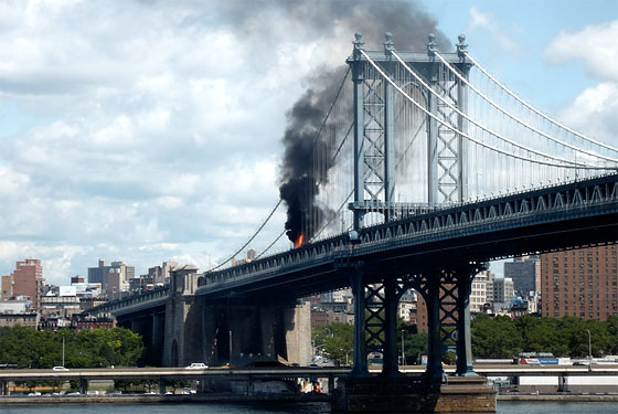 Garbage Truck Catches Fire on Manhattan Bridge