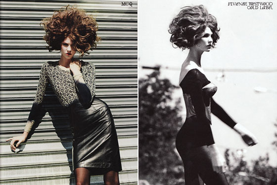 From left, Karlie in McQ; Vivienne Westwood Gold Label.