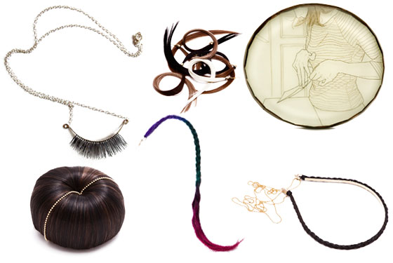 Clockwise from top left, eyelash necklace by Stephanie Simek, Hairrings by Bijules, brooch by Melanie Bilenker, Braided Band, tricolor Hairring, and Hairball by Bijules.