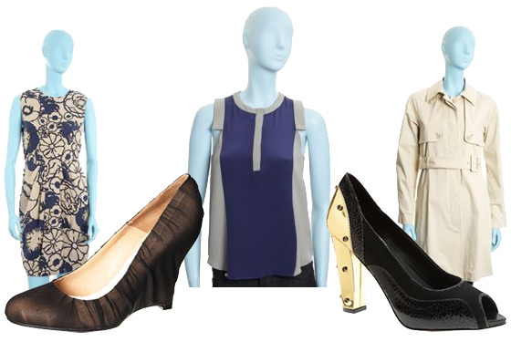 From left, 3.1 phillip lim dress, Martin Margiela wedges, Alexander Wang tank, Proenza Schouler wedges, and Theory trench coat.