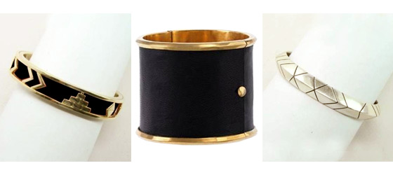 From left, black pyramid bangle, leather cuff, and palladium antique large bangle.