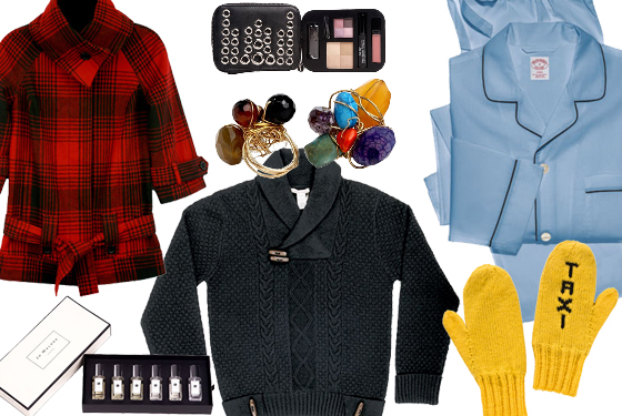 Clockwise from top left, Red Plaid Funnel Neck Jacket, Givenchy's Very Couture Palette, Terry Ross Stone Rings, Brooks Brothers Pajama Set, Kate Spade Taxi Mittens, Cloth Logic Sweater, and Jo Malone's Cologne Collection.