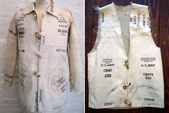 A handmade coat, $175, and vest, $105, made of bank-deposit money bags, by US Rags.