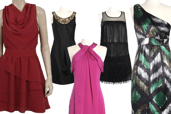 From left: Asymmetrical Tiered Dress by Twelve by Twelve, Embellished Dress by Shoshanna, Silk Halter Dress by Banana Republic, Fringe Dress by Target-Limited-Edition, Ikat One-Shoulder Dress by Tibi