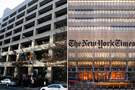 The <em>Post</em>'s "soviet-style" building and the <em>Times</em>' giant jungle-gym.