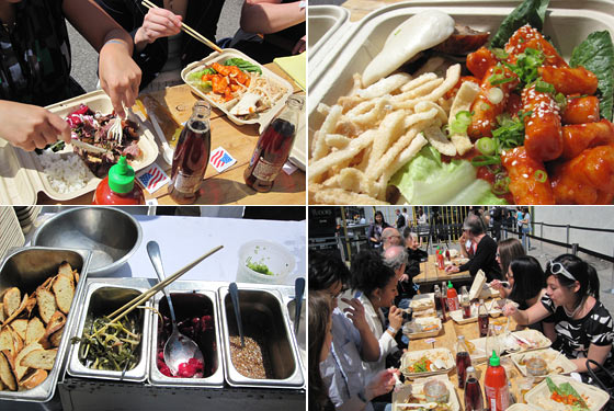 Clockwise from top left: Lamb shawarma with pickled beets and rice; pork bun with sesame sprinkled rice cakes; lunchers noshed at two picnic tables; condiments.