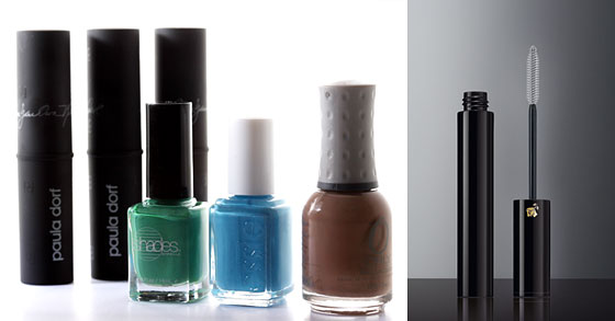 From left: Paula Dorf's cheek sticks, Barielle in Sweet Addiction, Essie in Shelter Island, and Orly in Country Club, Lancome's oscillating mascara.