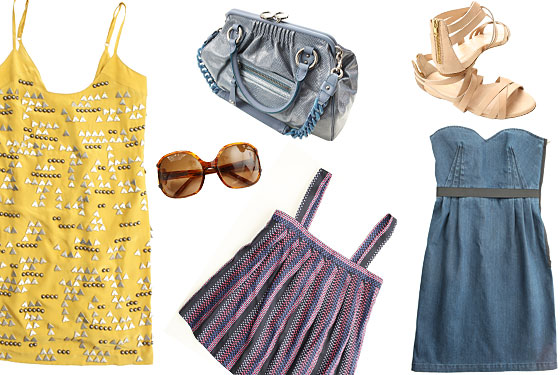 Clockwise from left: Vena Cava dress, Marc Jacobs bag, Loeffler Randall sandal, Lanvin for Acne dress, Marc by Marc Jacobs camisole, Marni sunglasses.