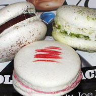 Dessert Club, Chikalicious macarons: Chocolate, green tea, and strawberry.