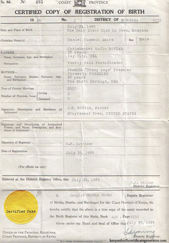 Dan Amira's Kenyan Birth Certificate