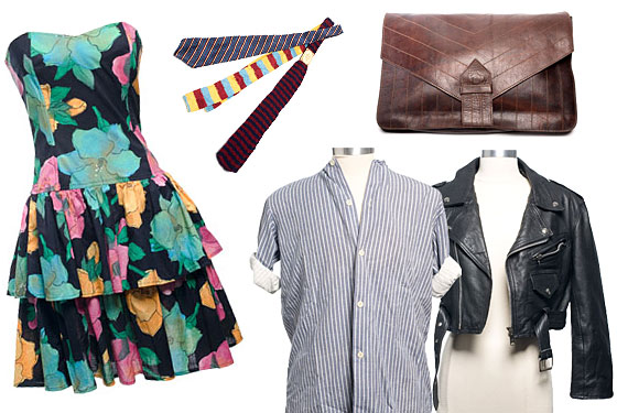 Clockwise from left: Strapless Floral Dress, Assorted Ties, Jacaranda Leather Clutch, Leather Motorcycle Jacket, and French Cotton Work Shirt.