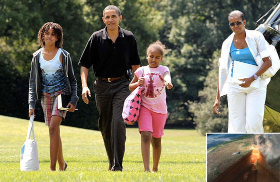 The Obamas, blissfully unaware of the enormous tube of flame and peril that awaits them in Wyoming.