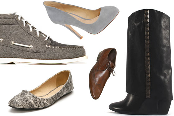 Clockwise from left: Boat Chukka by Band of Outsiders for Sperry Topsider, Fawson by Aldo, Studded Boot by Where, Formal Leather Brogue by Topman, and Bleach Skimmer by Deena & Ozzy.