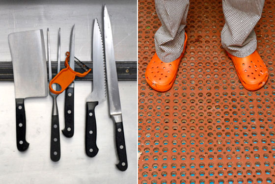 Knives and clogs in the al di là kitchen.