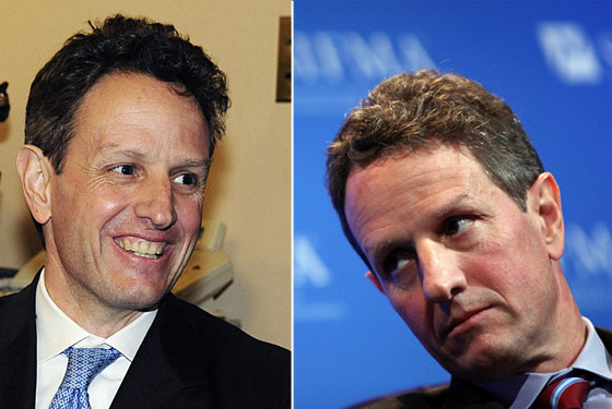 Geithner in December 2008 (left) and yesterday.