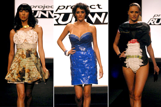 Kelli's winning design, Daniel's plastic-cup cocktail dress, and Blayne's onesie from hell.