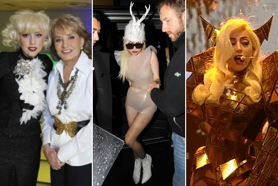 Gaga with Babs, walking around in the cold with no pants, and performing on X Factor.