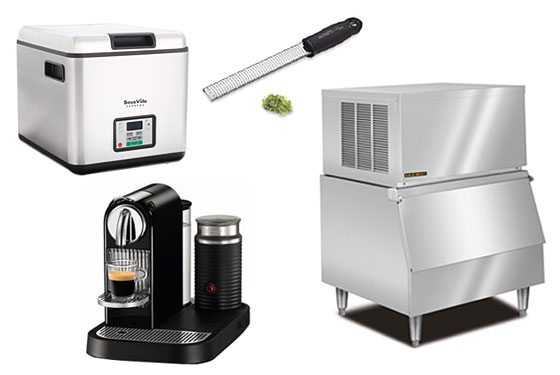 Clockwise from left, SousVide Supreme, Microplane grater, Kold Draft ice machine, and a Nespresso machine.