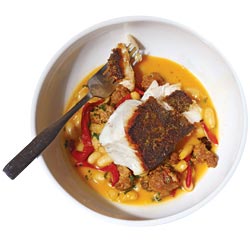 Seared cod with chorizo cream.