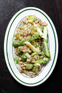 Farro, spring vegetables, herbs.