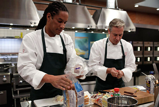 Govind Armstrong and Jimmy Bradley slice the Slim Jims.