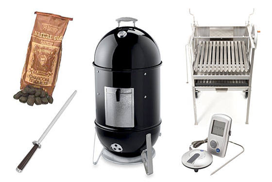 Clockwise from lower left: knife sharpener, charcoal, smoker, grill, and remote thermometer.