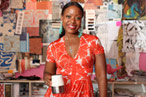 Reese sips a mug of tea in her studio.