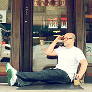 Holzman, outside the original Meatball Shop.