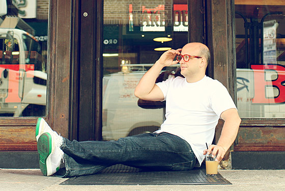 Holzman relaxing outside the Meatball Shop.