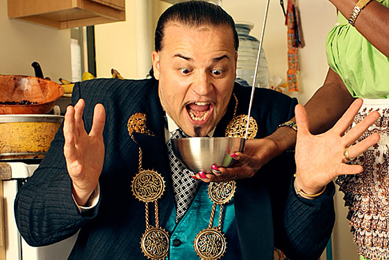Justin Fornal, as Baron Ambrosia, drinks from the ladle of life.