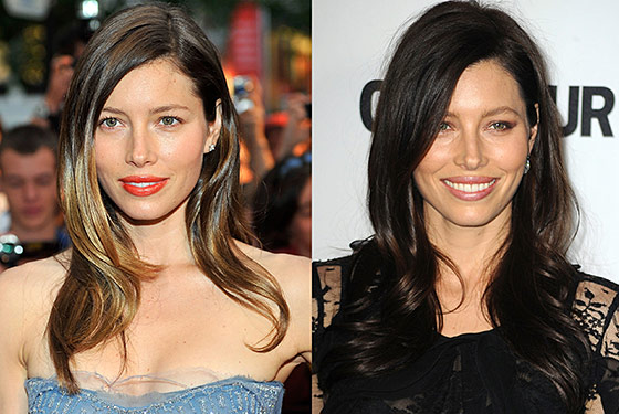Jessica Biel ditched her ombr hair for a dark shade of brown
