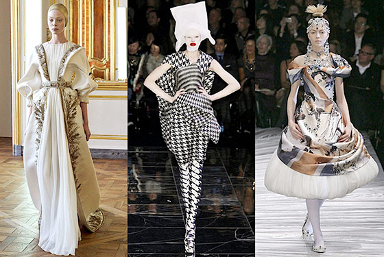From left, looks from McQueen's fall 2010, fall 2009, and fall 2008 collections.
