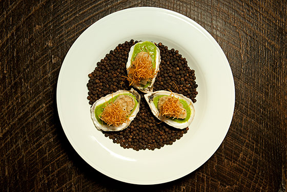 Crispy fried oysters with green-chile-buttermilk dressing.