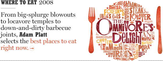 Adam Platt's Where to Eat 2008: From big-splurge blowouts to locavore temples to down-and-dirty barbecue joints, our restaurant critic selects the best places to eat right now.