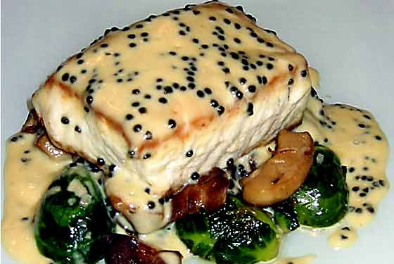 
Smothered in caviar beurre blanc, the Seared Sterling White Sturgeon comes with wild mushrooms and brussels sprouts. 