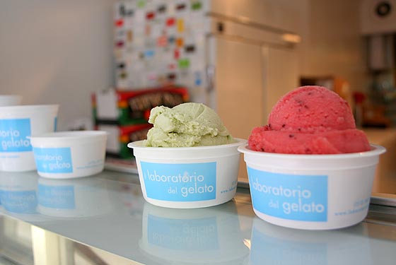 
Fresh mint gelato (left) and black plum sorbet (right)